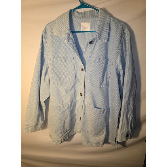 Lauren Conrad Womens Plus Size 1X Blazer Jacket Blue Stipes Stripe Denim Jean - Picture 1 of 3